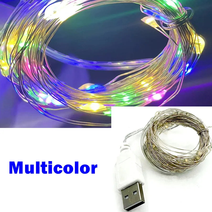 USB LED Fairy String Lights Copper or Silver Wire, Waterproof IP66, Multi-Color, 5/10/20 m (16/33/66 ft) USB Garland for Christmas Wedding Party