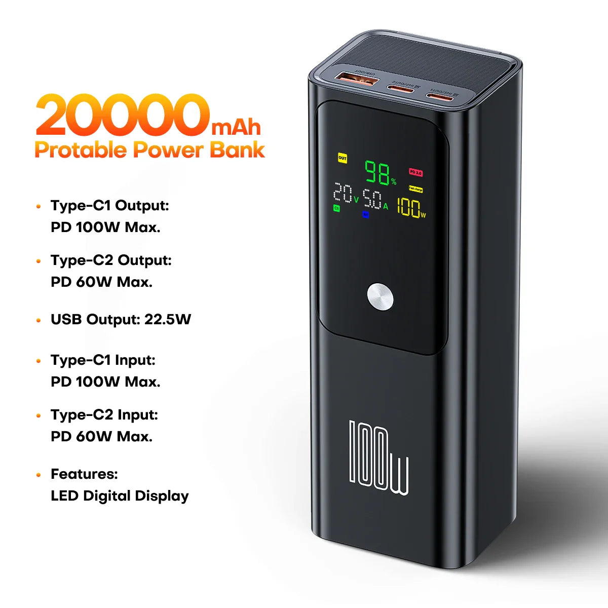 100W PD 20000mAh Portable Power Bank - Fast Charger for Laptop, iPhone & Samsung