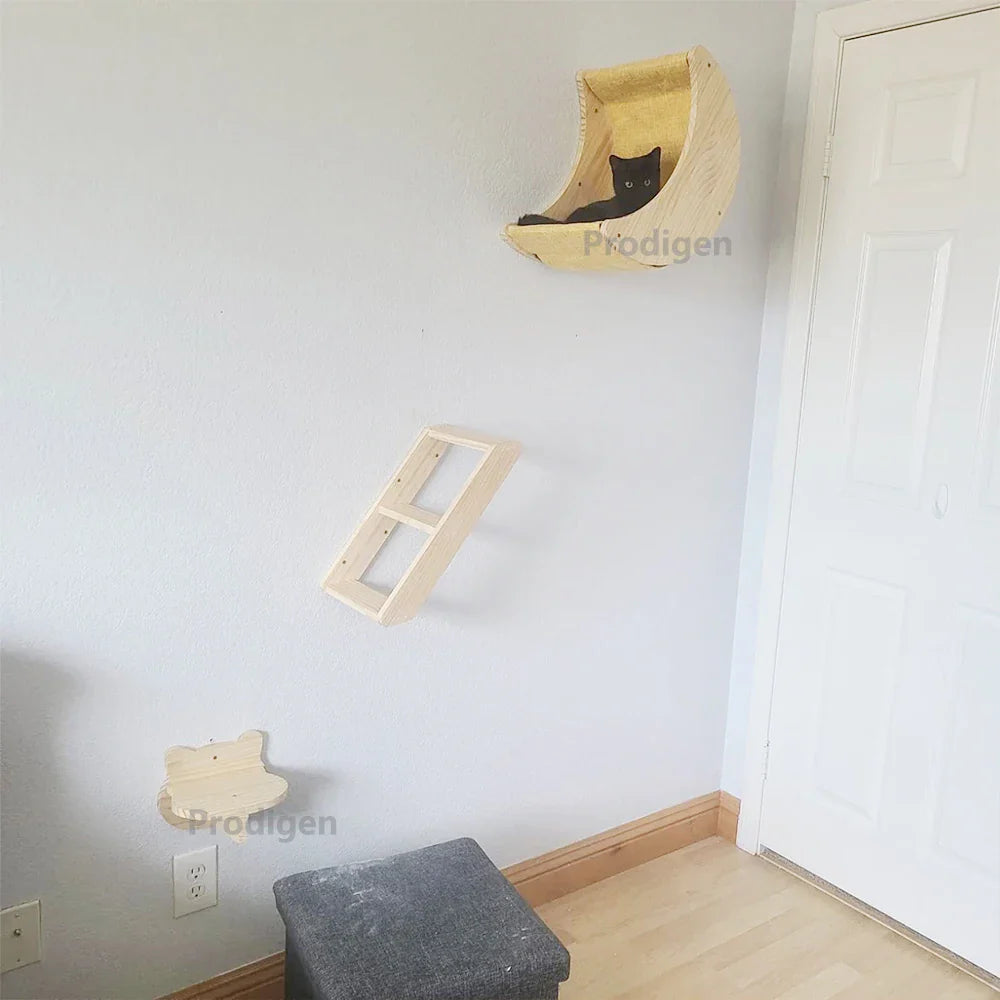 Moon-Shaped Wall-Mounted Cat Shelf & Hammock - Solid Pine Wood Climbing Shelves with Ladder Perches for Indoor Cats