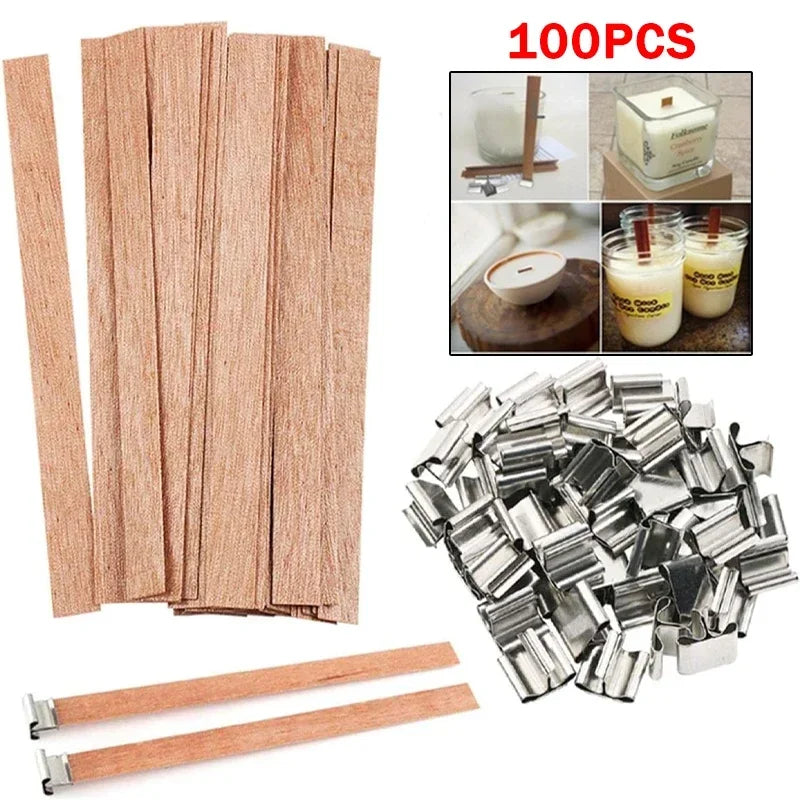 Flat Wooden Candle Wicks with Iron Stand and Base Holder – Wooden Wick Cores for DIY Candle Making