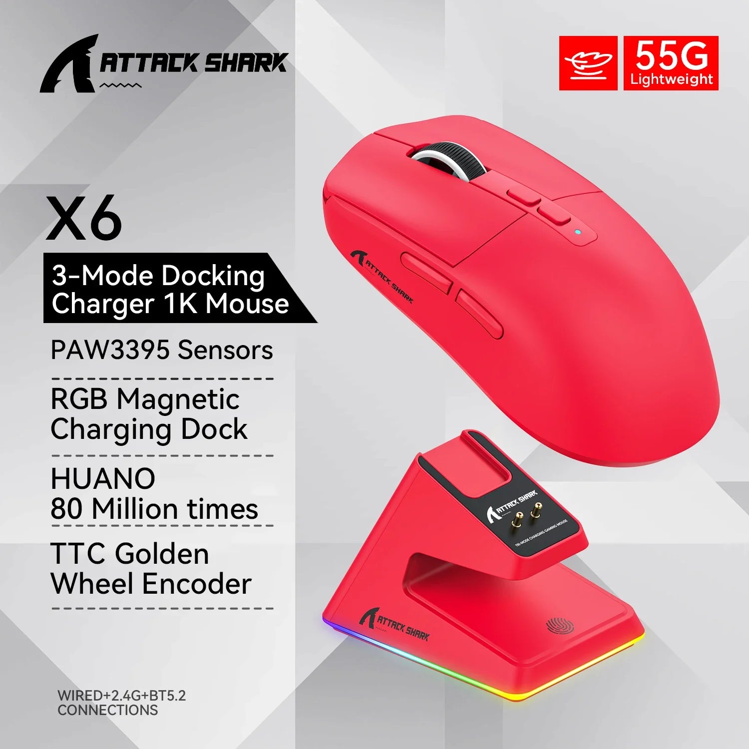 Lightweight Wireless Gaming Mouse 55g – Up to 26,000 DPI RGB Backlight, Charging Dock, 3-Mode Wired/2.4G/BT5.2 for Laptop & Desktop