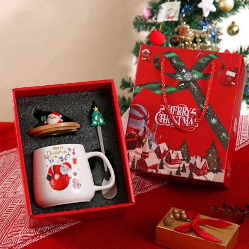 Christmas Tree Ceramic Mug with Lid and Spoon, Holiday Coffee & Tea Gift