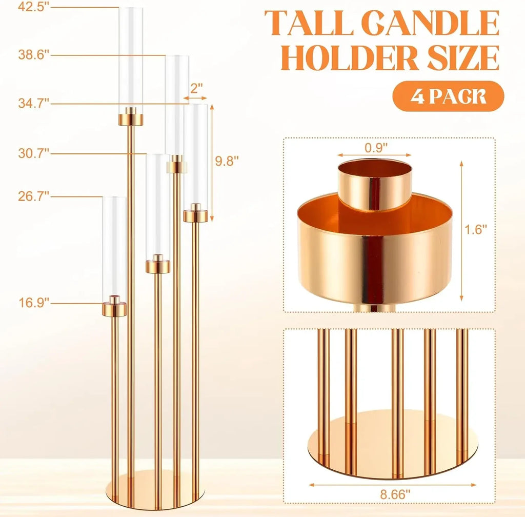 5-Arm Floor Candelabra 42.5 in (108 cm) Gold Metal Candle Holder with 5 Acrylic Shades for Wedding Centerpiece