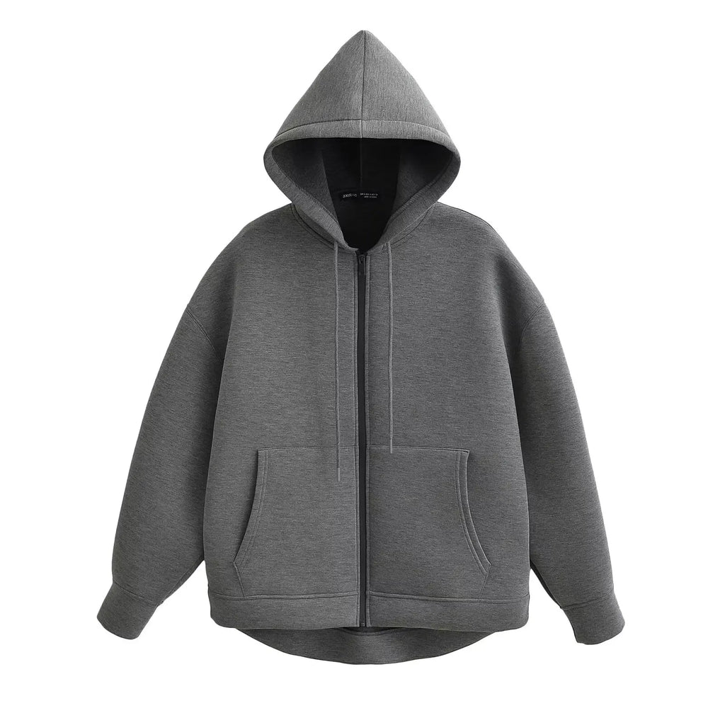 Women's Oversized Zipper Hoodie Jacket with Double Pockets - Casual Autumn/Winter Coat