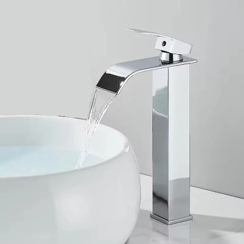Brushed Gold Waterfall Bathroom Faucet - Single Lever Deck-Mount Basin Mixer, Single Hole, Stainless Steel Ceramic Valve