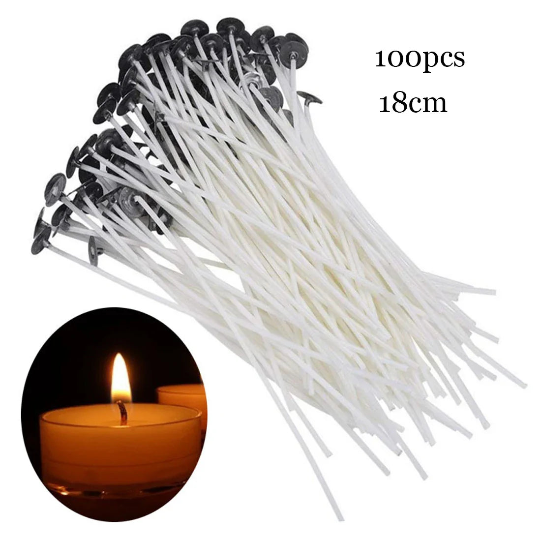 Pre-Waxed Cotton-Core Candle Wicks with Metal Sustainer Tabs, 100-Pack, 1.0–7.9 in (2.6–20 cm) for DIY Candle Making