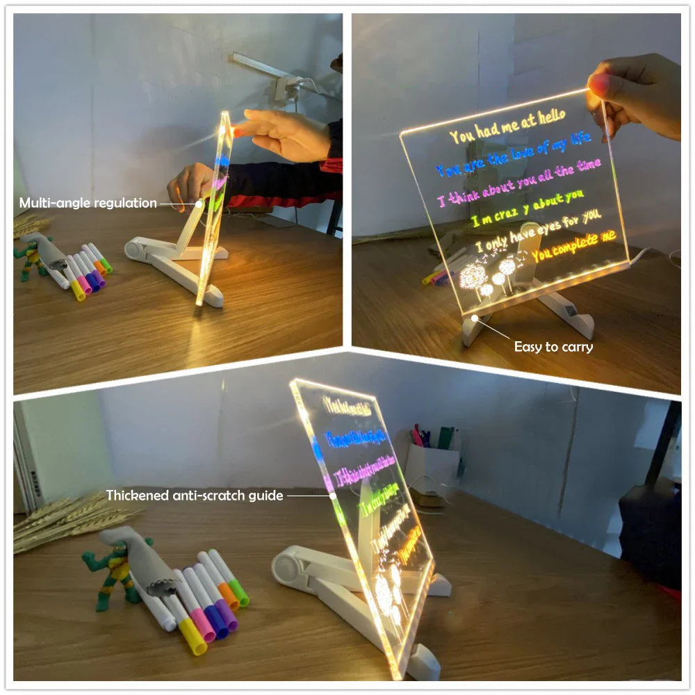 LED Acrylic Message Board with Night Light and 7 Color Pens – DIY Rewritable Kids Drawing & Birthday Gift
