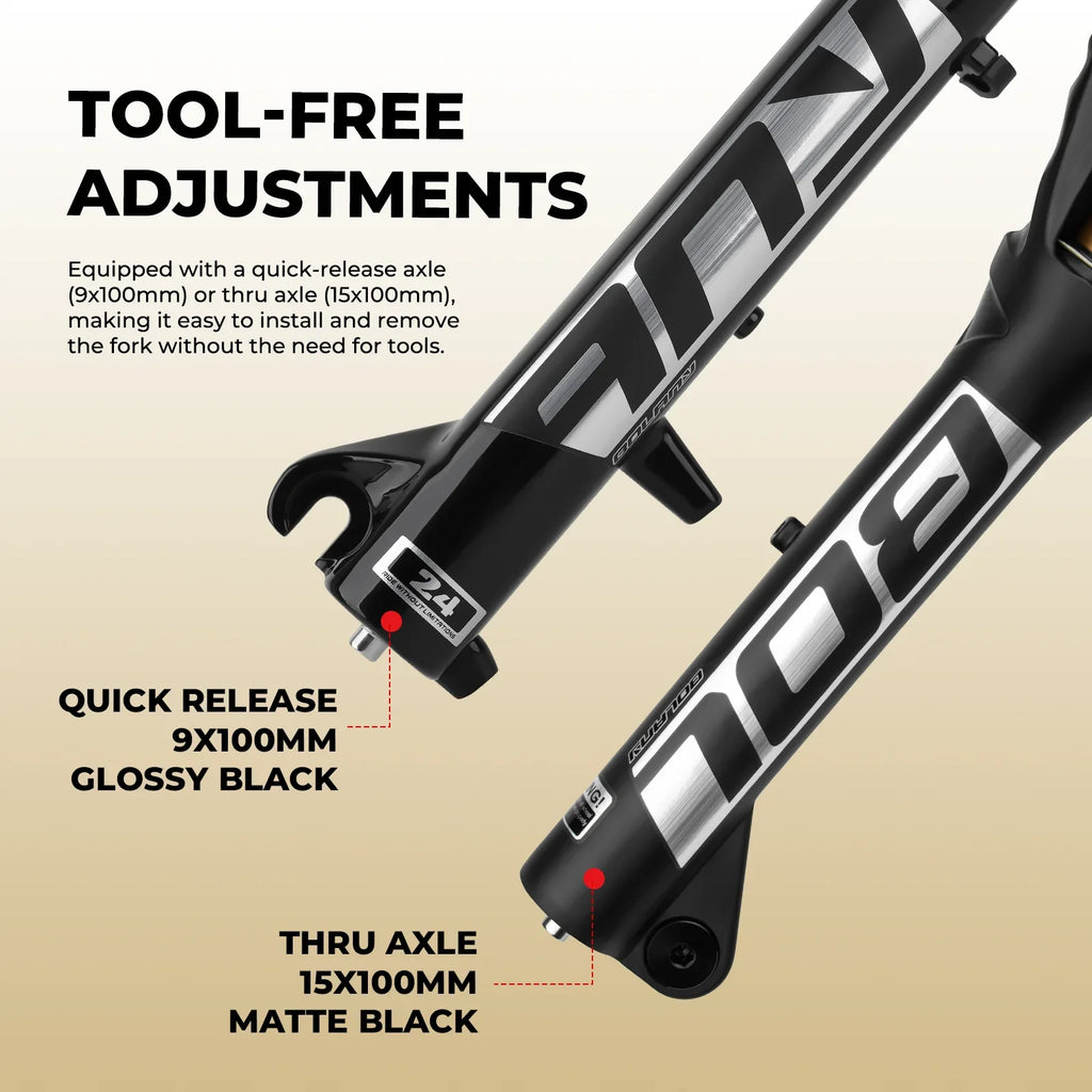 Air & Oil Suspension Fork for 20-inch / 24-inch Bikes, Alloy Upper & Magnesium Lower, Remote Lockout, 100–135 mm (3.9–5.3 in) Travel