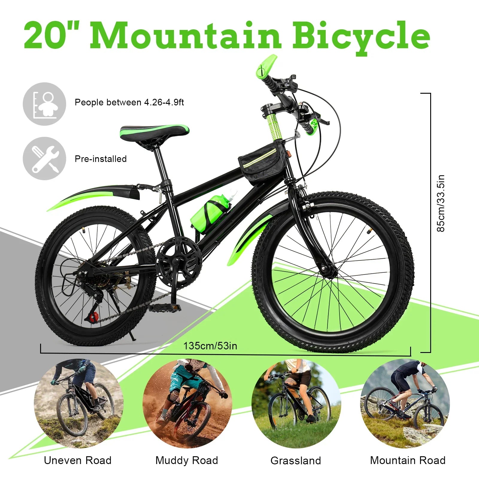 20-Inch 7-Speed Kids Mountain Bike – Adjustable Seat for 130–150 cm (4.3–4.9 ft)