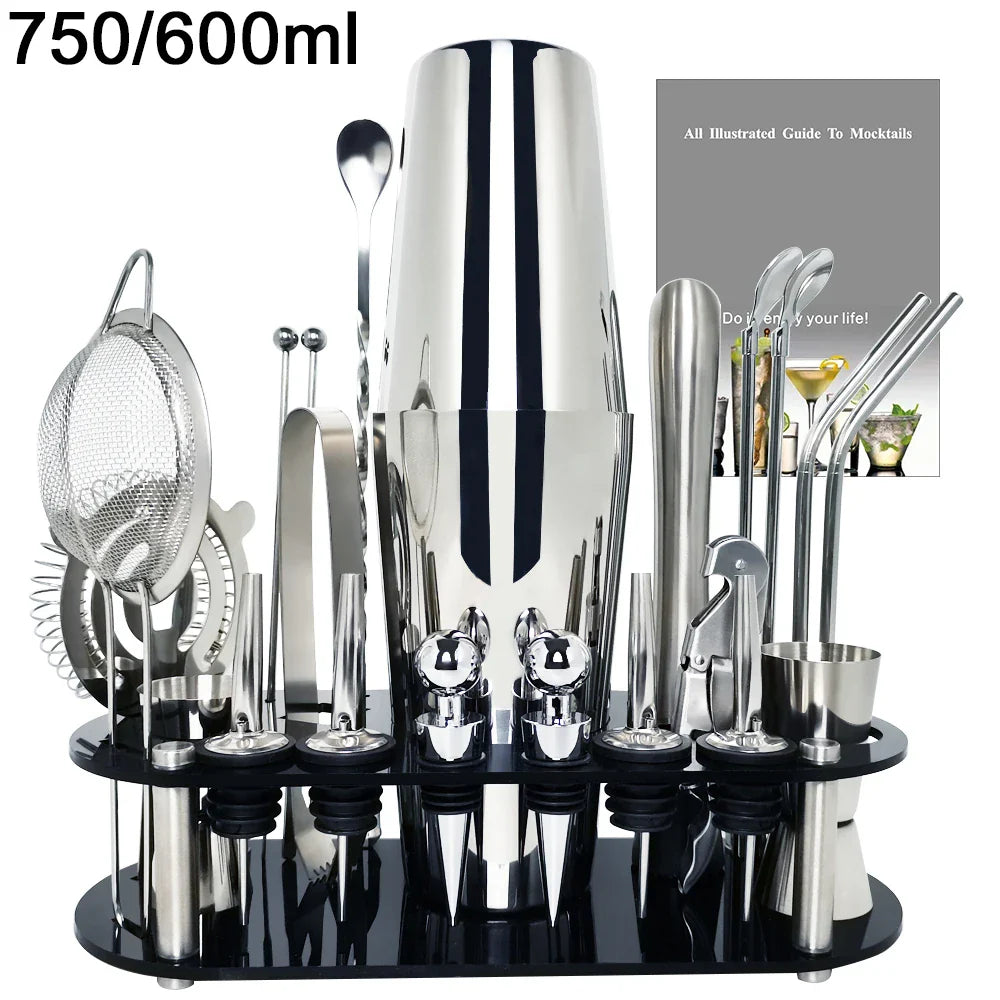 13-22 Piece Cocktail Shaker Bar Set – Stainless Steel Bartender Kit with 750ml/600ml Shaker, Jiggers, Strainer, Pourers & Acrylic Rack
