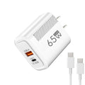 65W GaN 2-Port USB-C PD & QC3.0 Fast Charger - USB-A + USB-C Wall Adapter, EU/US Plug for Smartphones