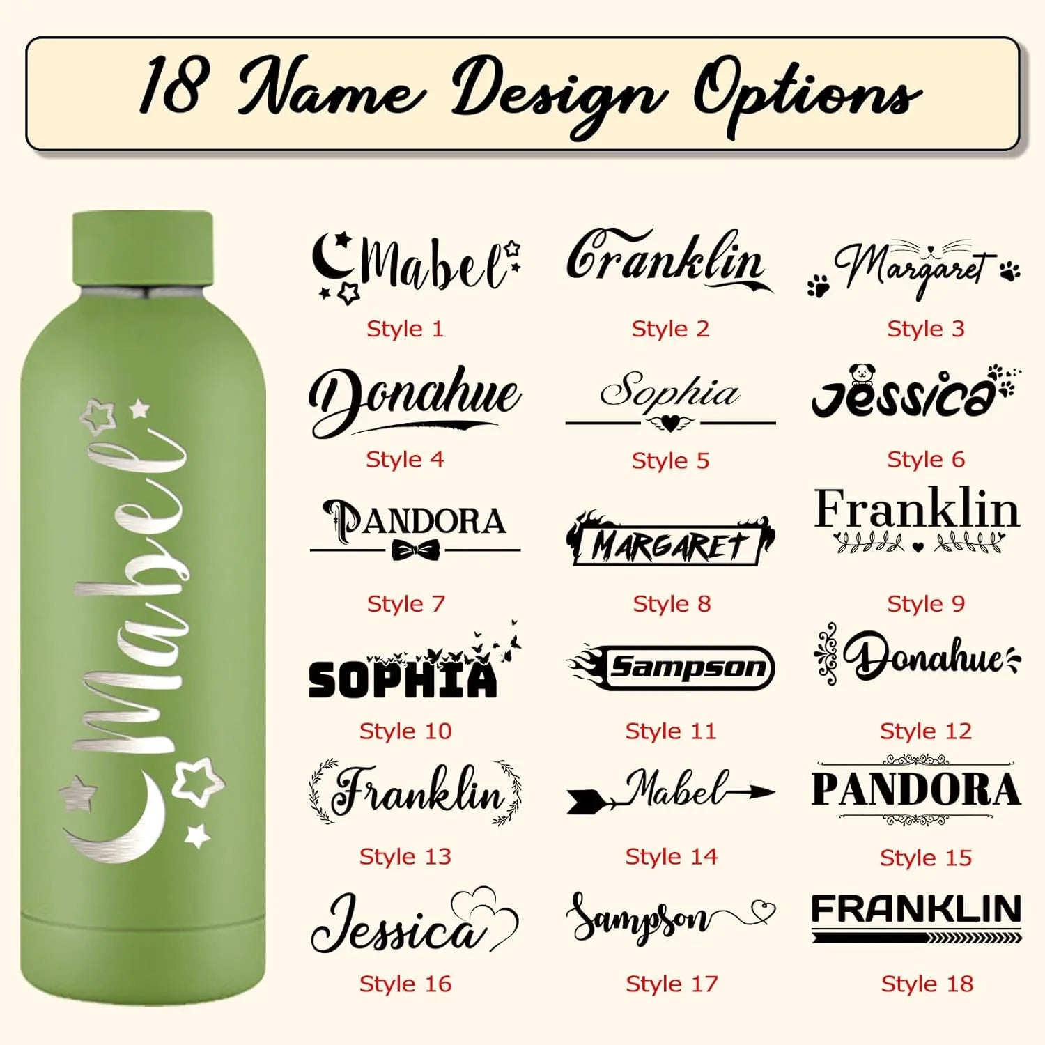 Personalized Stainless Steel Vacuum Water Bottle 17oz (500ml), Custom Name Laser Engraved Sports Tumbler