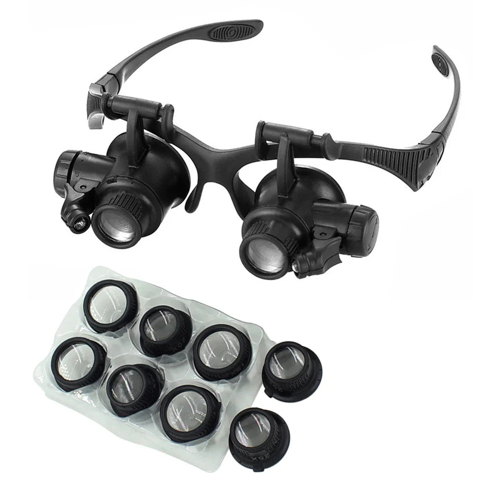 Adjustable LED Headband Magnifier with 10x/15x/20x/25x Interchangeable Lenses — Hands-Free Magnifier for Jewelry Repair, Watchmaking and Reading