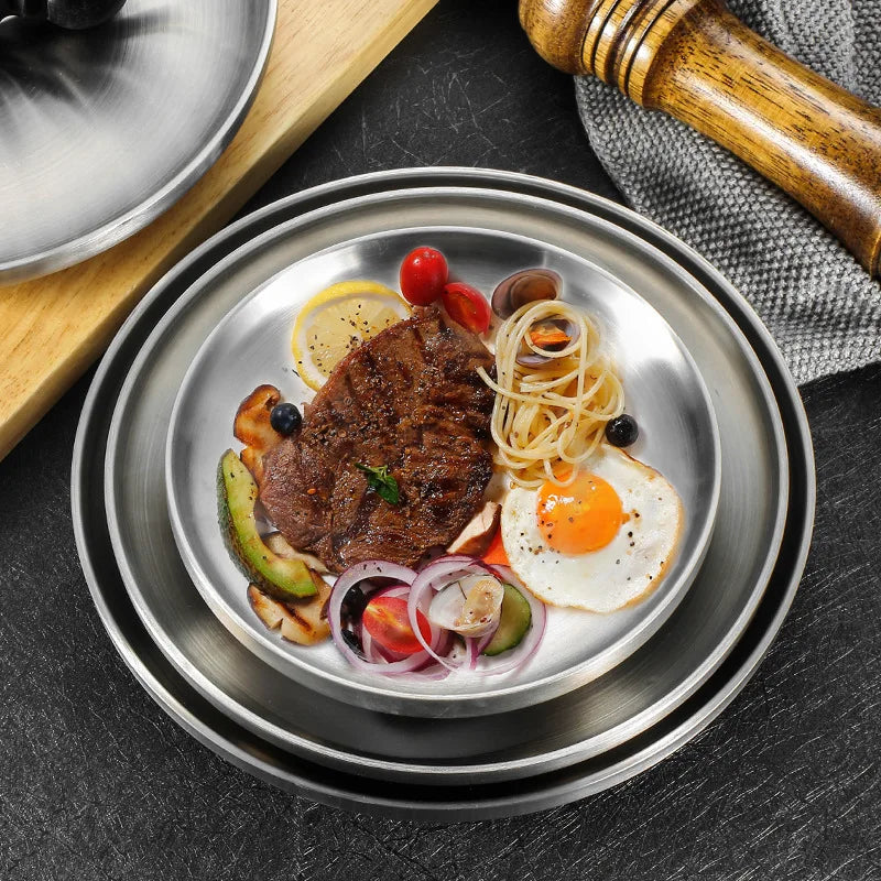 304 Stainless Steel Double-Walled Insulated Round Plate for Dinner, Snacks & Fruit