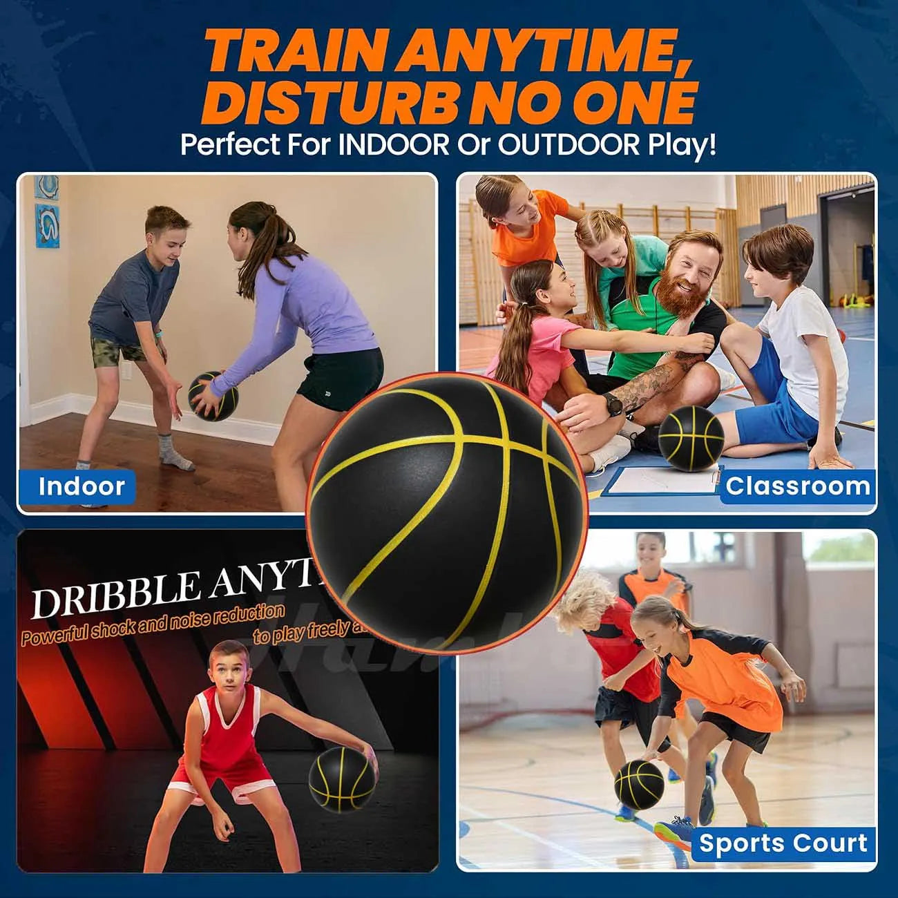 Silent Indoor Basketball Size 7 (29.5 in / 75 cm) PU Foam Airless 580 g Quiet Dribble
