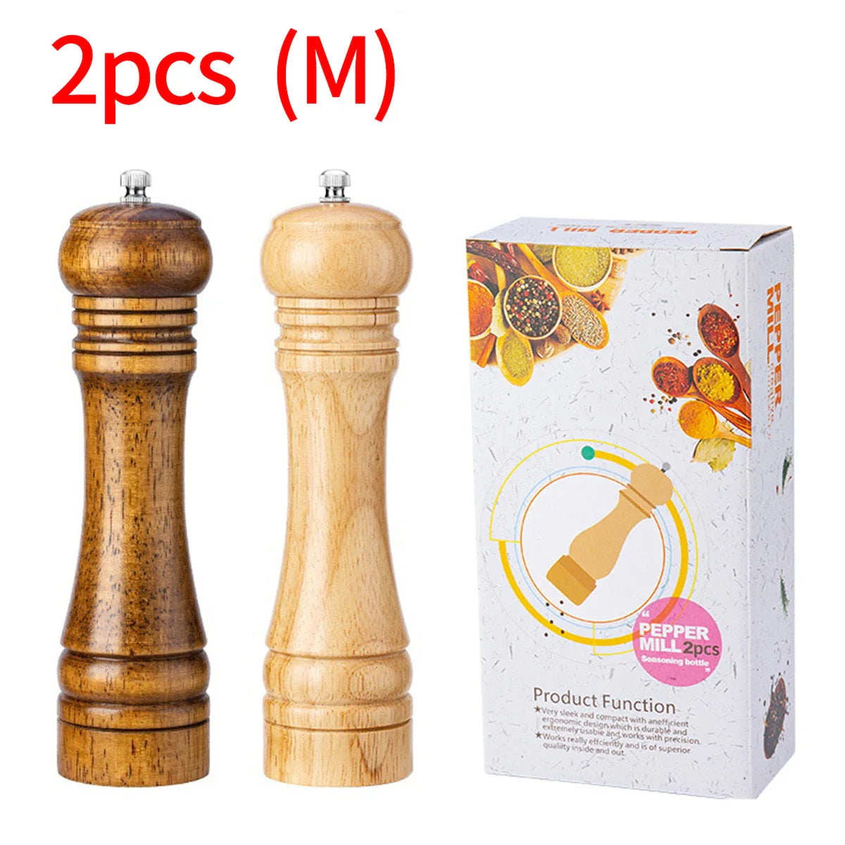Oak Wood Manual Pepper Grinder – 5-inch (12.7 cm), 8-inch (20.3 cm), 10-inch (25.4 cm) Salt & Pepper Mill, Manual Spice Grinder