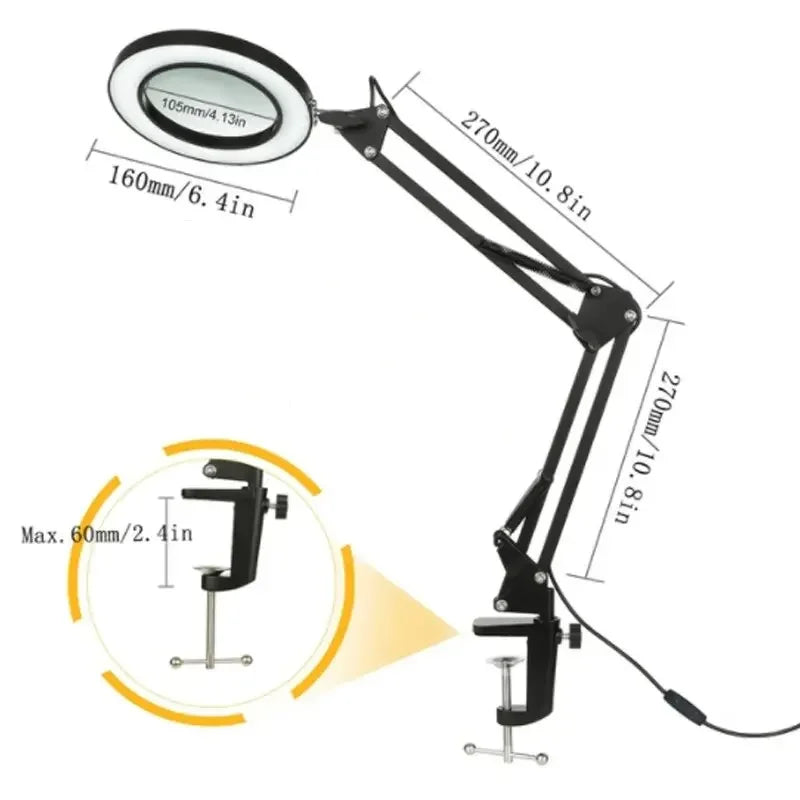 72-LED 8X/10X USB Illuminated Magnifying Glass Lamp - 4.2 in (106 mm) Lens, 3-Color Dimmable LED, Adjustable Arm & Clamp for Soldering, Crafts, Skincare