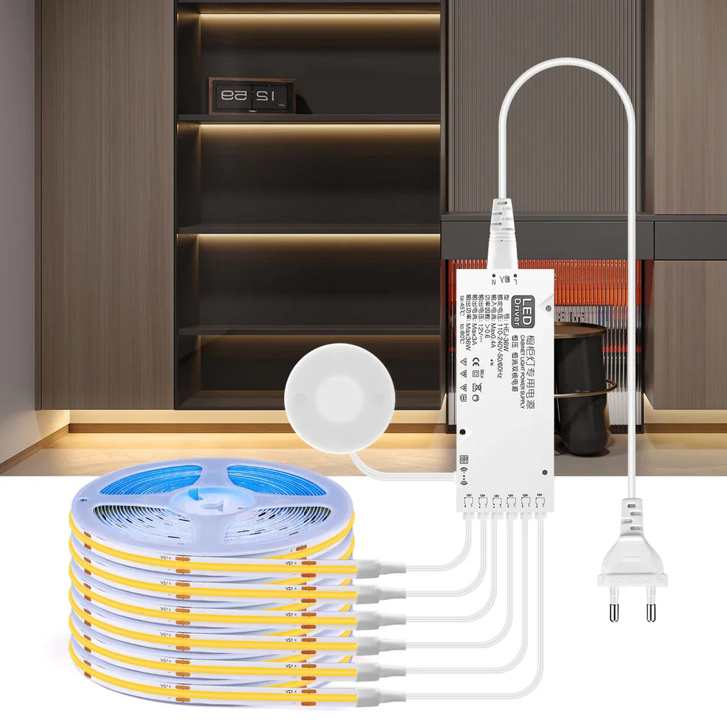 COB LED Strip Light with Penetrable Touch Dimmer – Waterproof 12V Cabinet & Closet Lighting, 1m/2m/3m/5m (39/79/118/197 in), 320 LEDs/m, Warm/Neutral/Cool