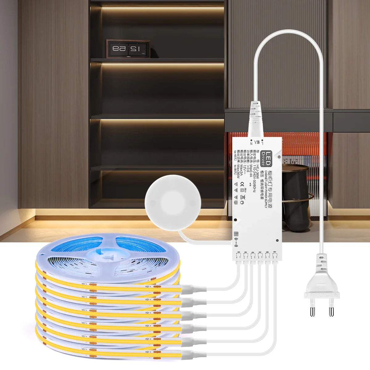 COB LED Strip Light with Penetrable Touch Dimmer – Waterproof 12V Cabinet & Closet Lighting, 1m/2m/3m/5m (39/79/118/197 in), 320 LEDs/m, Warm/Neutral/Cool