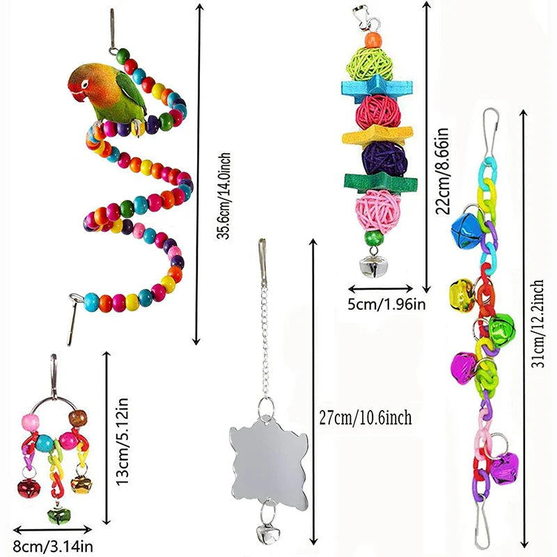 7-Piece Wooden Bird Cage Toys Set — Swing, Ladder, Chew Toys, Bridge & Bells for Parakeets & Small Parrots