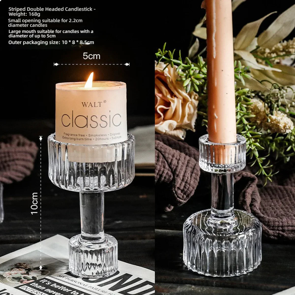 Clear Glass Pillar Candle Holder Table Candlestick for Dining Room Decor