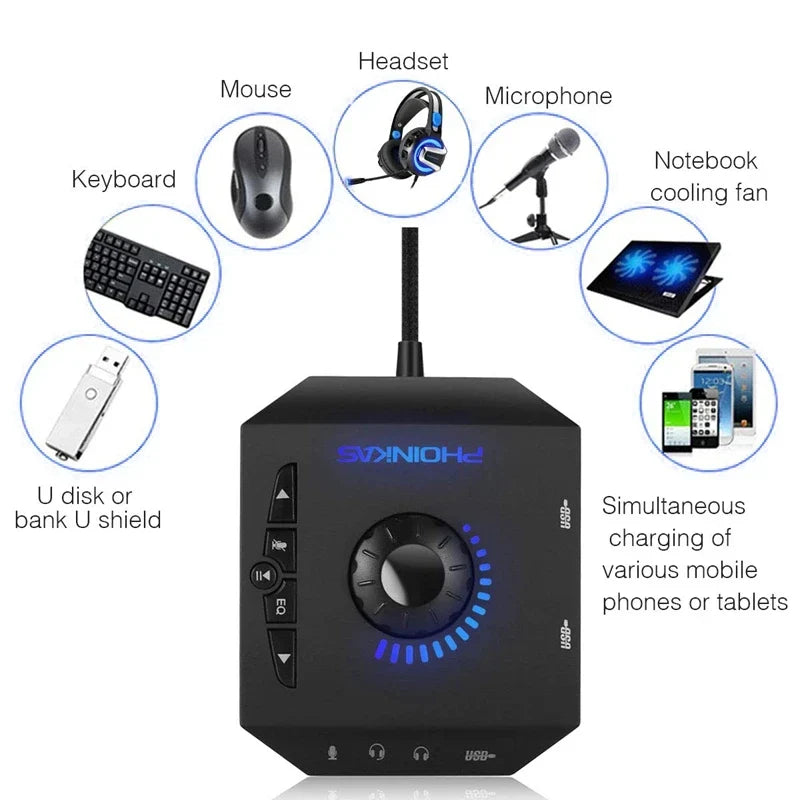 Plug & Play External USB Sound Card Audio Adapter with 3.5mm Jack & 3 USB Ports for PC, Laptop, Mac, PS4, Xbox