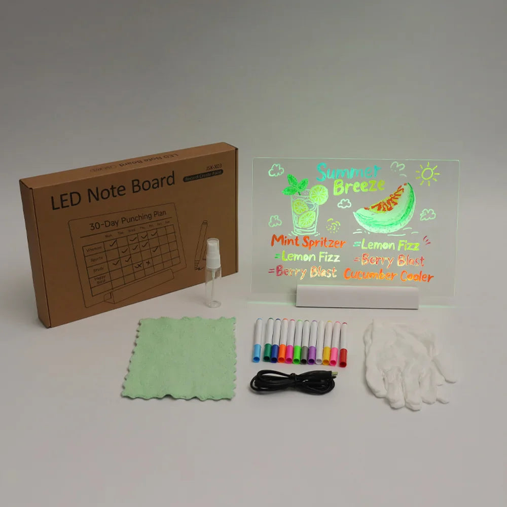 LED Acrylic Message Board Night Light with 7 Color Pens - Erasable DIY Neon Note and Drawing Board for Kids