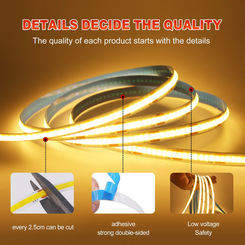 Dimmable COB LED Strip Light 5V USB with ON/OFF Switch — 320 LEDs/m High-Density Flexible Tape Light, Adhesive Backing, 3000K/4000K/6000K