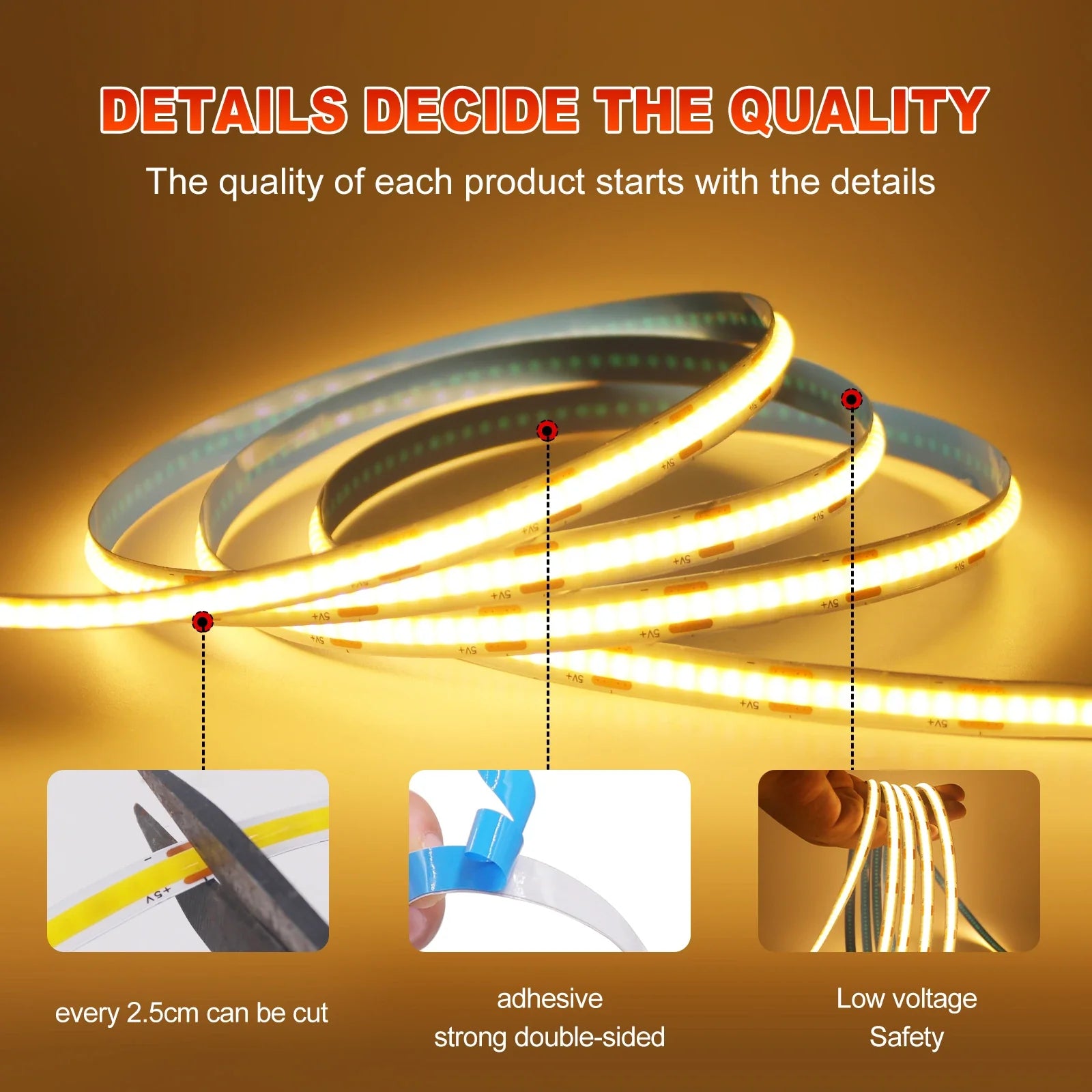 Dimmable COB LED Strip Light 5V USB with ON/OFF Switch — 320 LEDs/m High-Density Flexible Tape Light, Adhesive Backing, 3000K/4000K/6000K