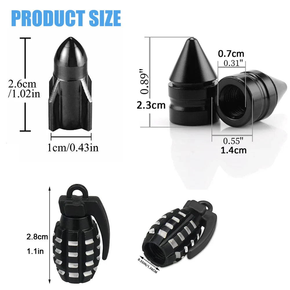 4-Pack Aluminum Tire Valve Caps Rocket Grenade Style Universal Valve Stem Covers for Car Truck Motorcycle Bike