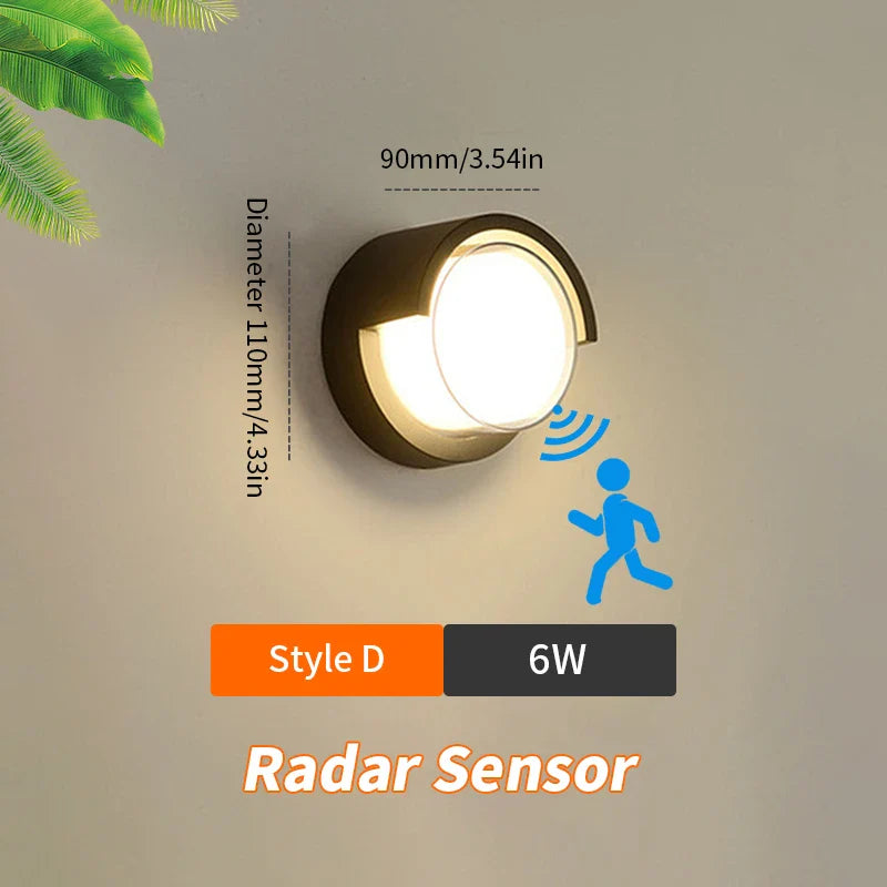 LED Wall Lamp with Radar Motion Sensor – 6W/12W AC85-265V, Warm & Cold White, IP66 Indoor/Outdoor