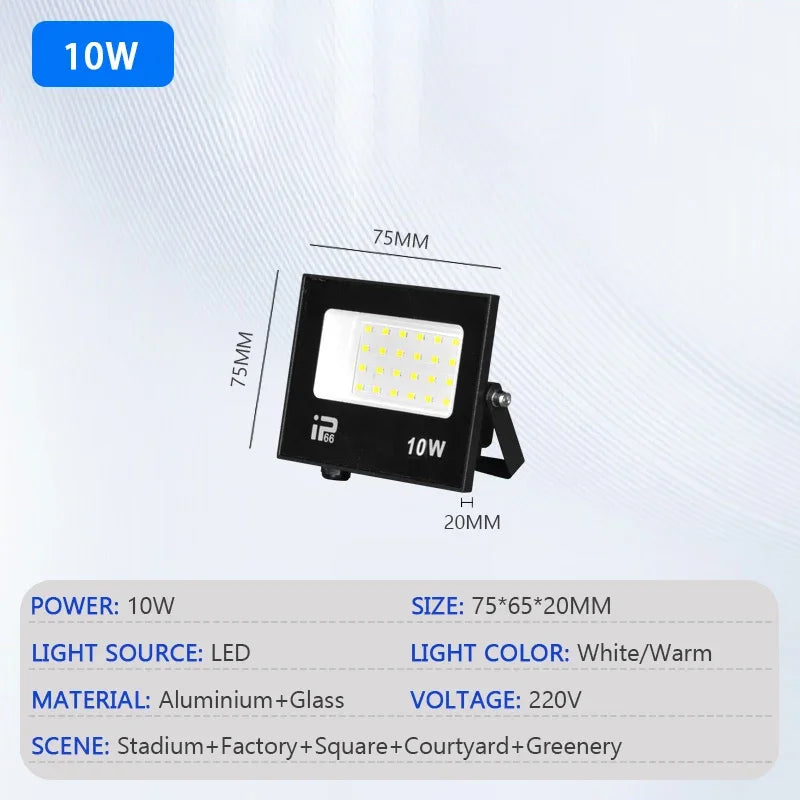 LED Outdoor Floodlight IP66 Waterproof - 10W-200W Options, Cool White 6000K, Garden Porch & Courtyard Spotlight, AC 220V