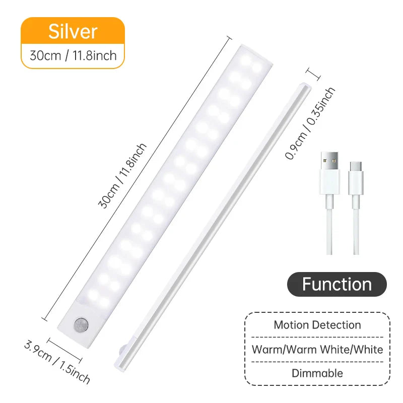 Rechargeable Motion Sensor LED Night Light — USB Wireless Cabinet & Wardrobe Light with Magnetic Mount, 3 Color Temperatures (3000K/4000K/6000K)