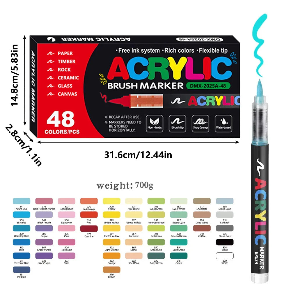 12/24/36/48/60-Color Acrylic Brush Paint Markers - Soft Brush Tip for Canvas, Stone & DIY Art