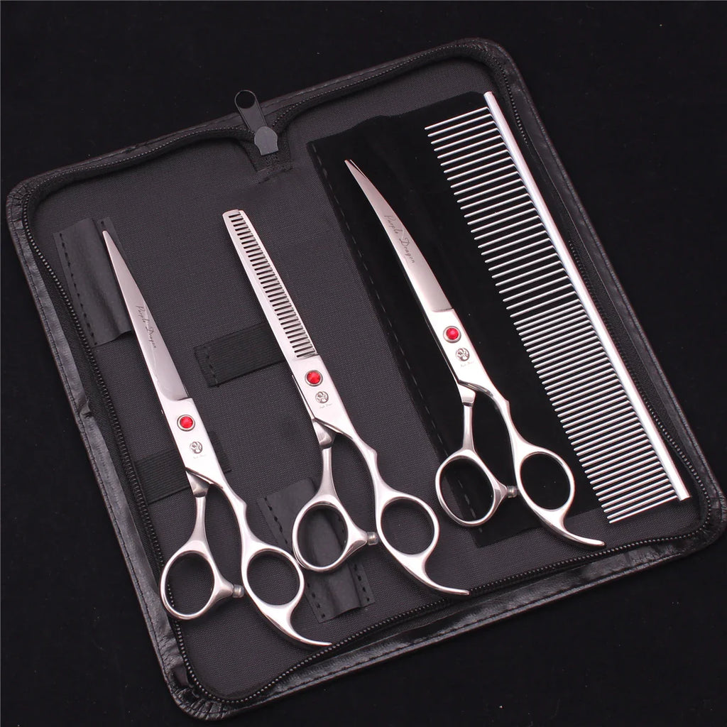 7-Inch (19.5 cm) Stainless Steel Pet Grooming Scissors Kit – Straight, Thinning, Chunker & Curved Shears