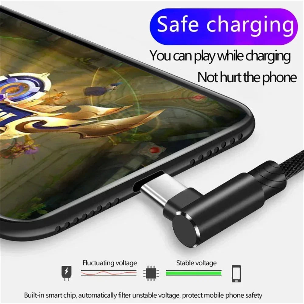 40W 5A USB-A to USB-C Fast Charging Braided Cable 90 Degree Elbow PD Quick Charge for iPhone Samsung Xiaomi Huawei