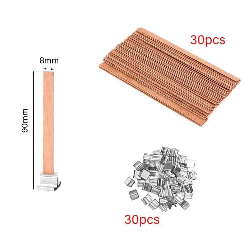 30/50-Pack Cherry Wood Candle Wicks with Metal Clip Bases – Smokeless Wooden Wicks for DIY Jar Candles
