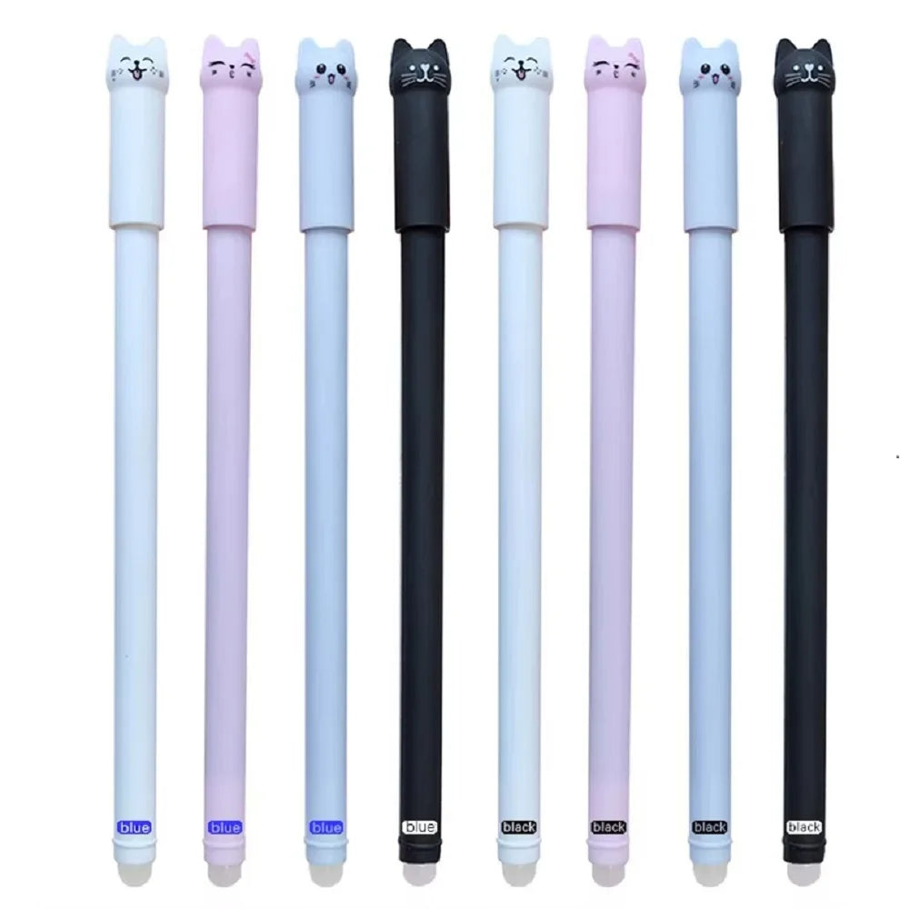 4/6/12-Pack Kawaii Cat Erasable Gel Pens 0.5mm Black & Blue Ink Refillable Cute School & Office Stationery