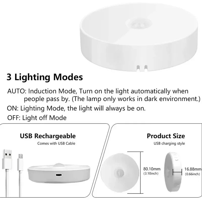 Motion Sensor LED Night Light – USB Rechargeable Magnetic PIR Light for Closet, Stair & Bedroom – Warm/Daylight