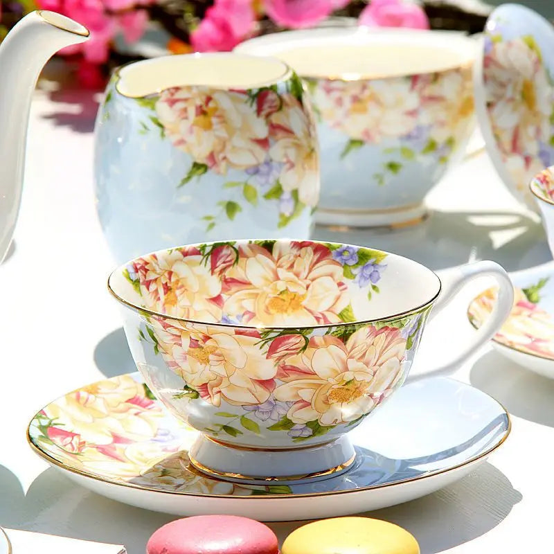 Bone China Afternoon Tea Cup Set with Saucer & Spoon — 200–210ml (6.8–7.1 fl oz) Teacup for Home, Office & Cafe Gift