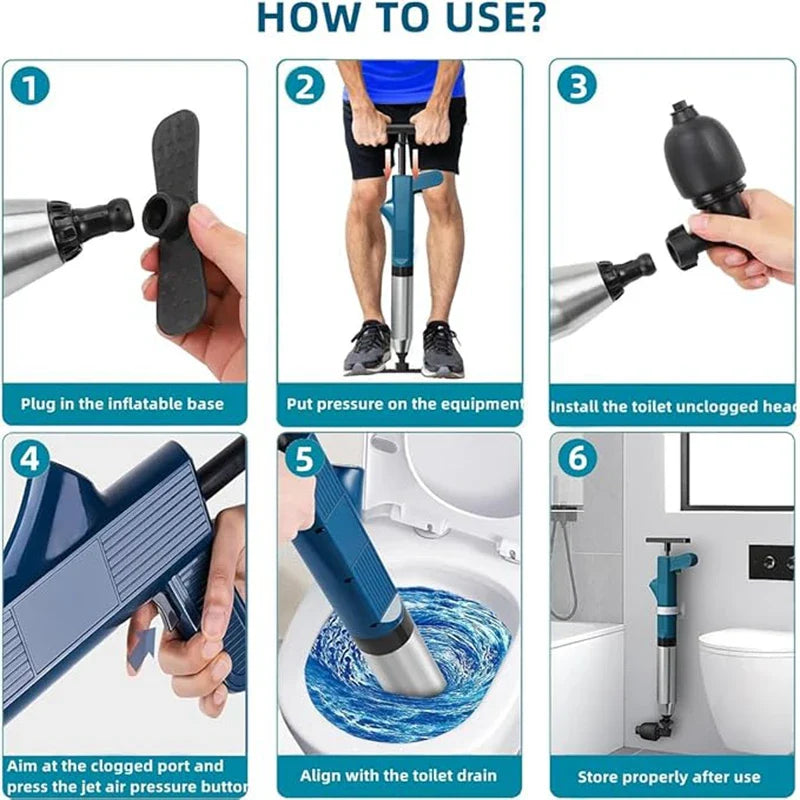 Stainless Steel Pneumatic Toilet Plunger & Air Drain Blaster - High-Pressure Pipe Unblocker Tool Set