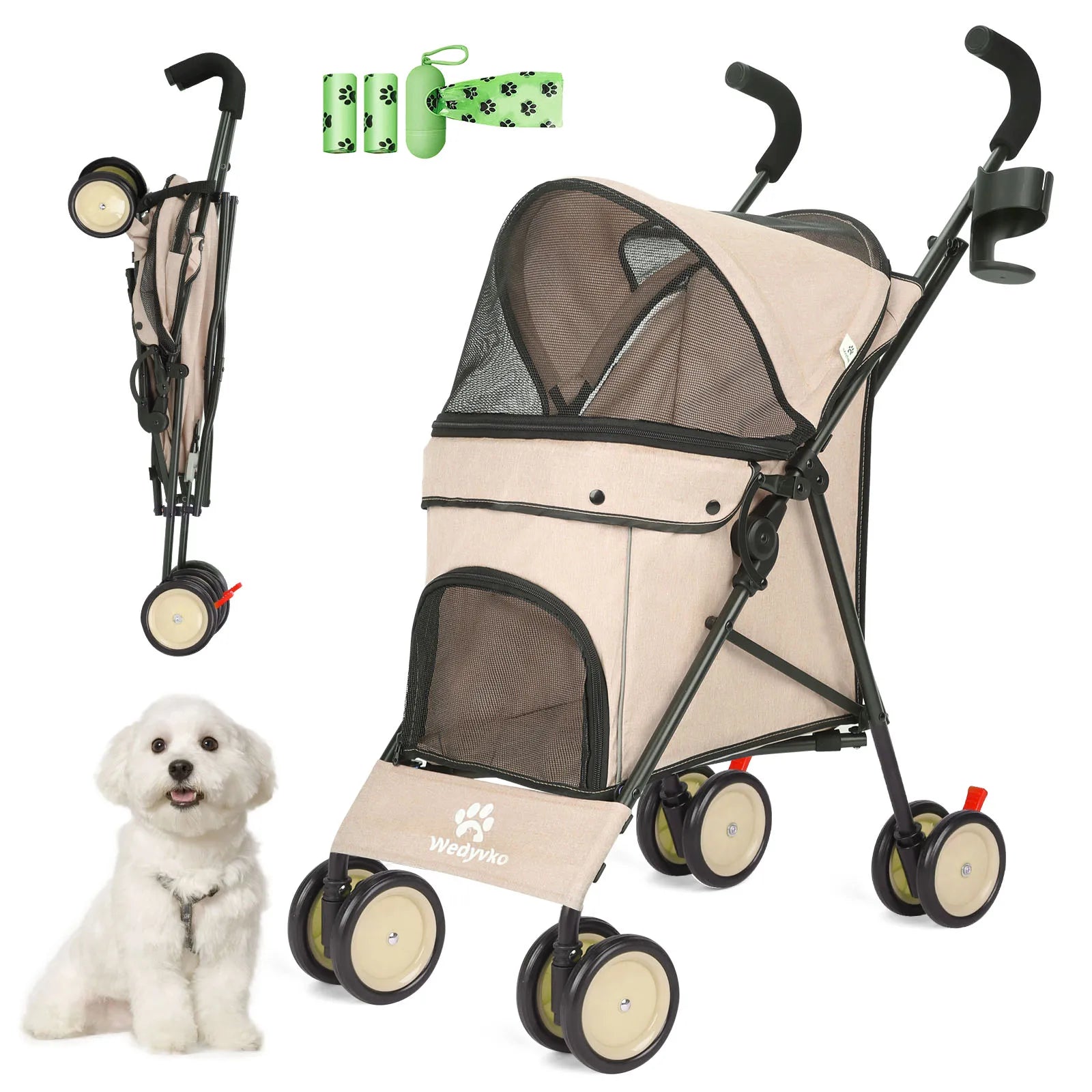 4-Wheel Pet Stroller for Dogs & Cats with Rotating Front Wheels, Brakes and Storage for Travel & Outdoor