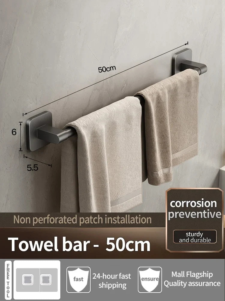 No-Drill Adhesive Towel Bar – Wall-Mount Towel Rack & Hook for Bathroom, Kitchen, Tile, Glass