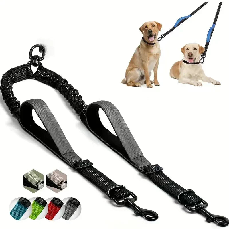 Dual Dog Leash Coupler – Padded No-Tangle Bungee Leash with 360° Swivel, Reflective & Shock-Absorbing