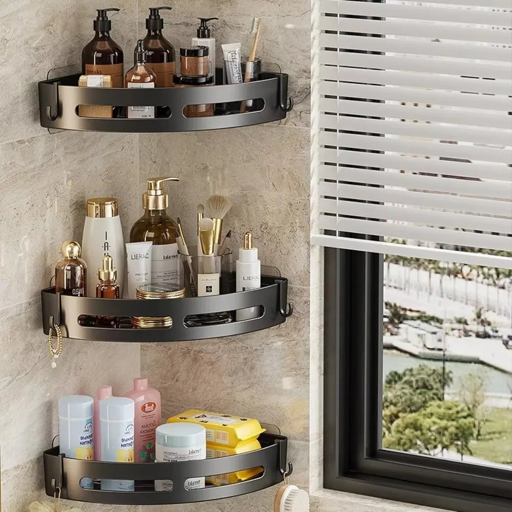 3/2/1-Pack No-Drill Adhesive Corner Shower Caddy – Wall-Mounted Bathroom Shelf for Shampoo & Towels, Space Aluminum & Plastic, Black