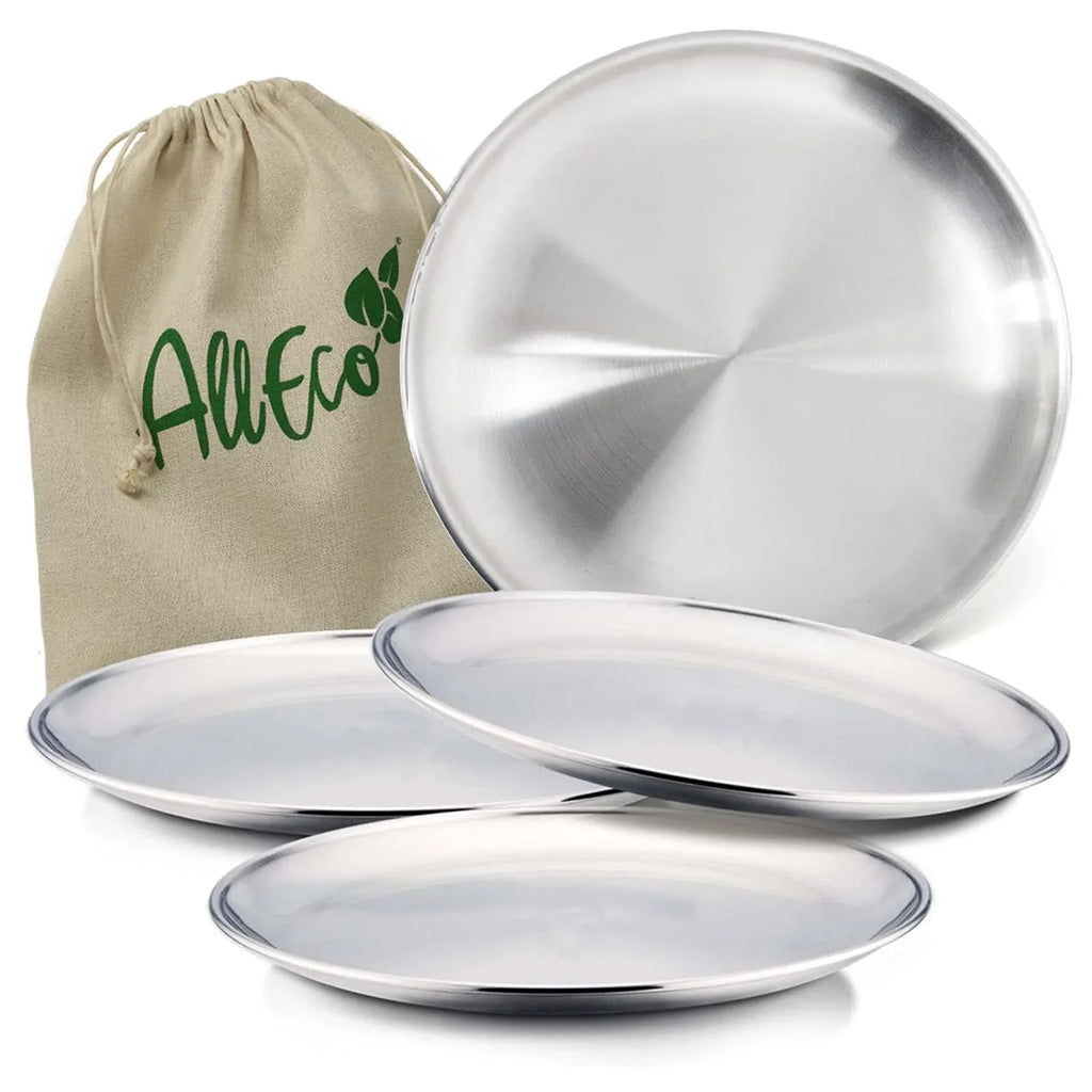 8-Inch (20 cm) 304 Stainless Steel Camping Plates 4-Pack, Reusable Dinner & Serving Plates with Cotton Carry Bag for BBQ Picnic Salad