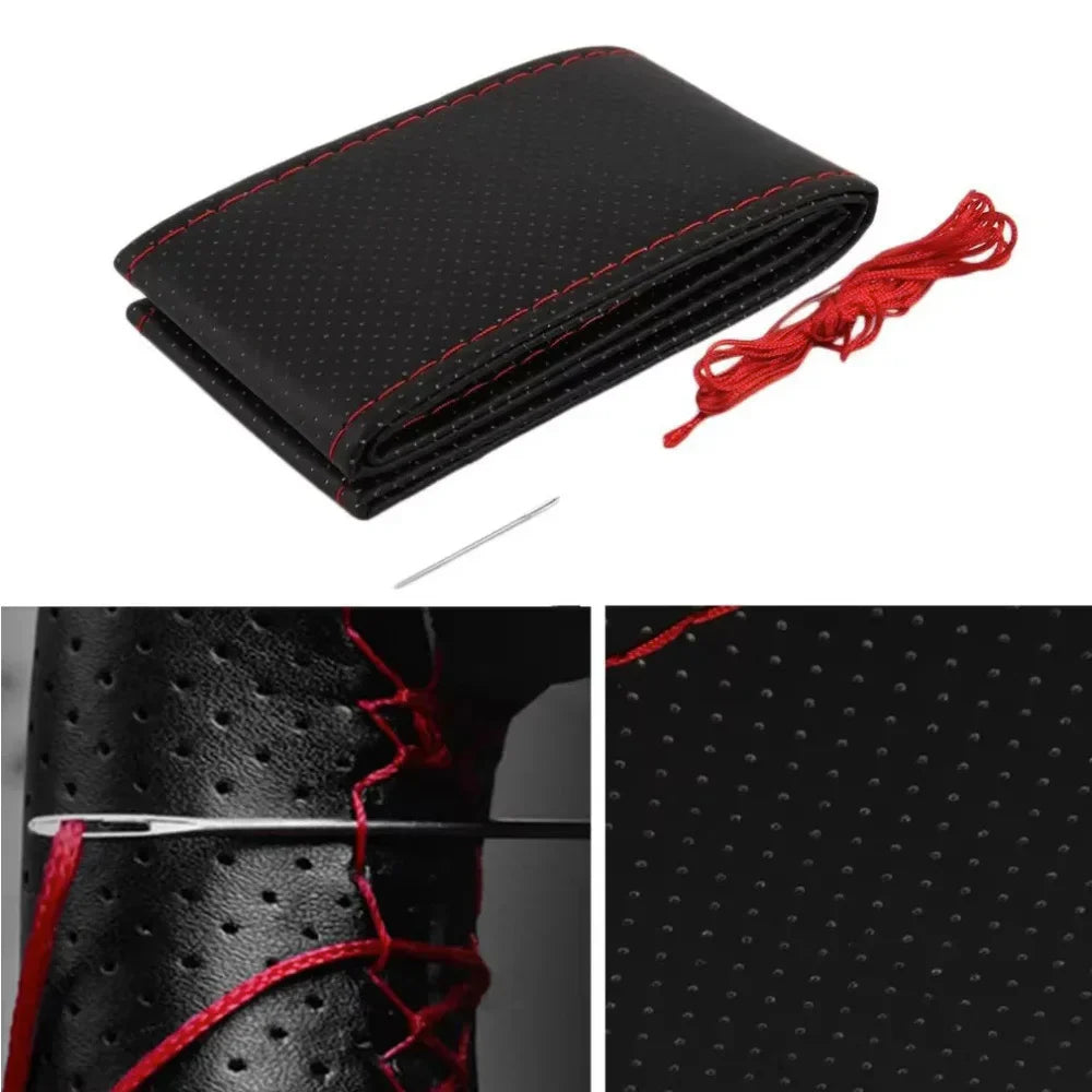 PU Leather Steering Wheel Cover with Needles & Thread - Anti-Slip Breathable DIY Stitch Kit, Fits 36–38 cm (14.2–15 in) | Multiple Colors