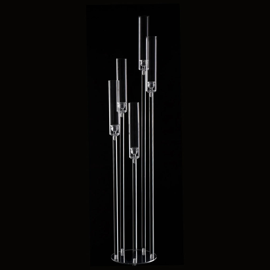 10-Pack Clear Acrylic 5-Arm Floor Candelabra 45.7in (116cm) – Wedding Table & Ceremony Centerpiece Candlestick Holder (LED Taper Compatible)