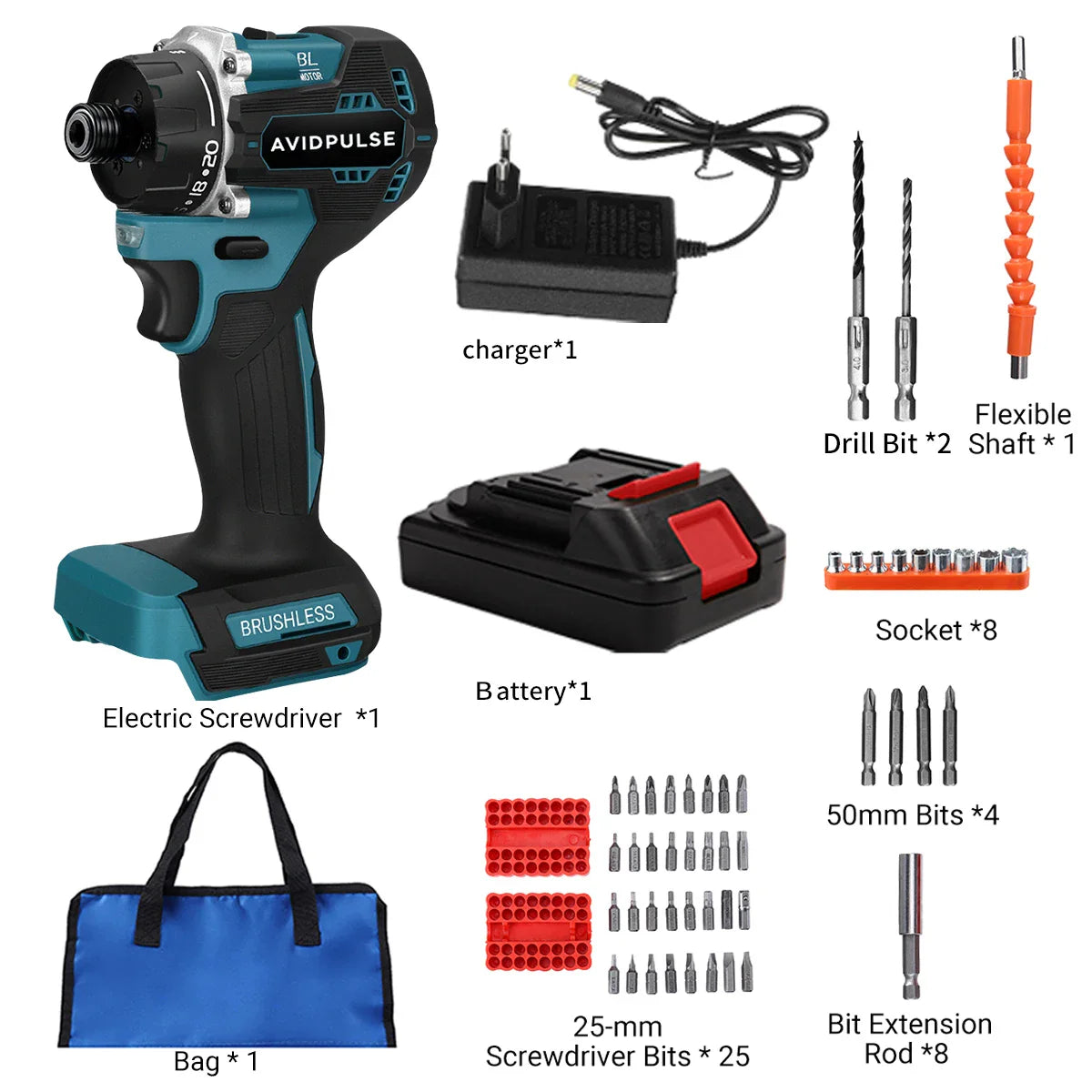 20+1 Gear 1/4-inch (6.35mm) Brushless Cordless Electric Screwdriver, 280 N·m Torque — 18V Battery Compatible