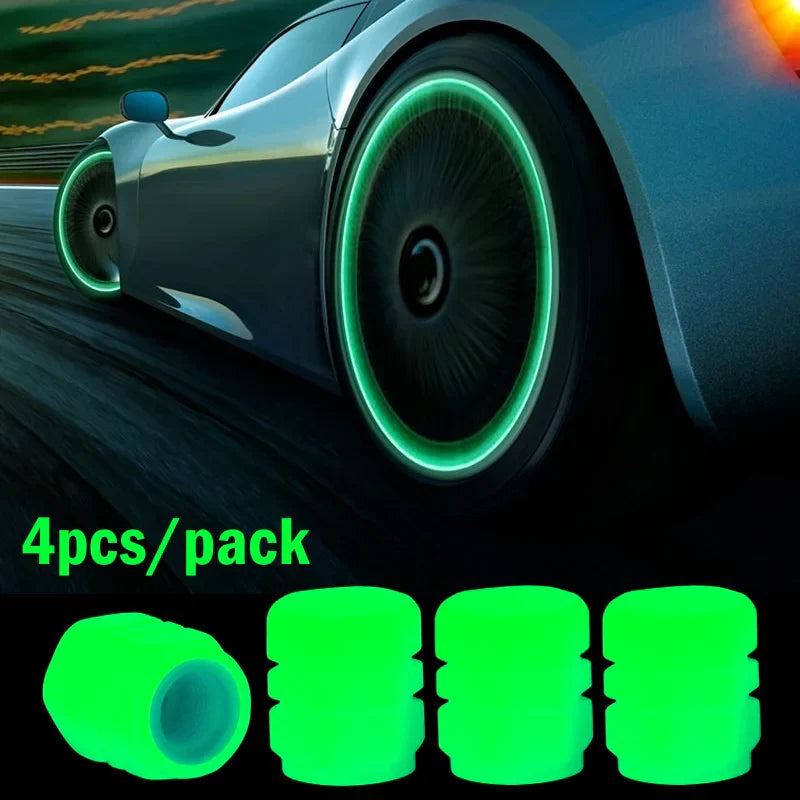 Glow-in-the-Dark Luminous Tire Valve Caps Set of 4 — Fluorescent Wheel Valve Stem Caps Universal for Car Motorcycle Bicycle